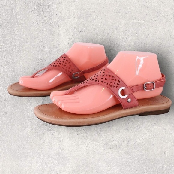 UGG Leather T-Strap Perforated Suede Sandals in Coral Women's Size 8 - Picture 2 of 9